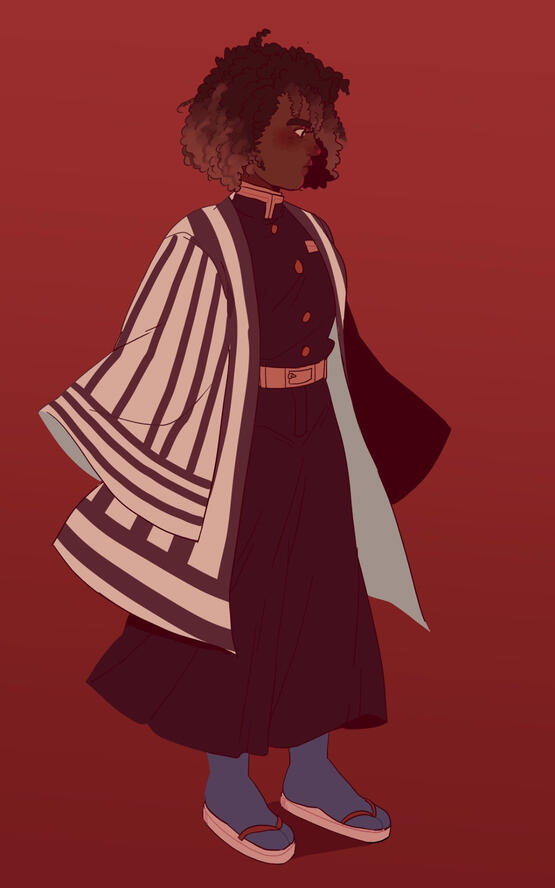 Fullbody drawing of Mochito done by @purgatorism on twitter. They are looking off to the right with a neutral expression.