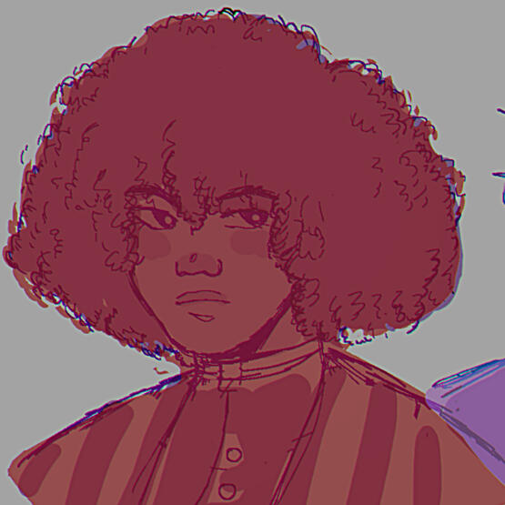 Another drawing of Mochito, all in red hues. They are looking to the right with their lips slightly pursed. Drawn by @chlshlya